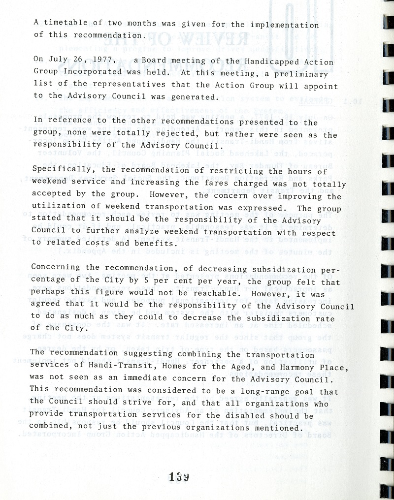 Handi-Transit Operational Study, Page Eight typed results of the Handi-Transit study released by the city of Thunder Bay in 1977