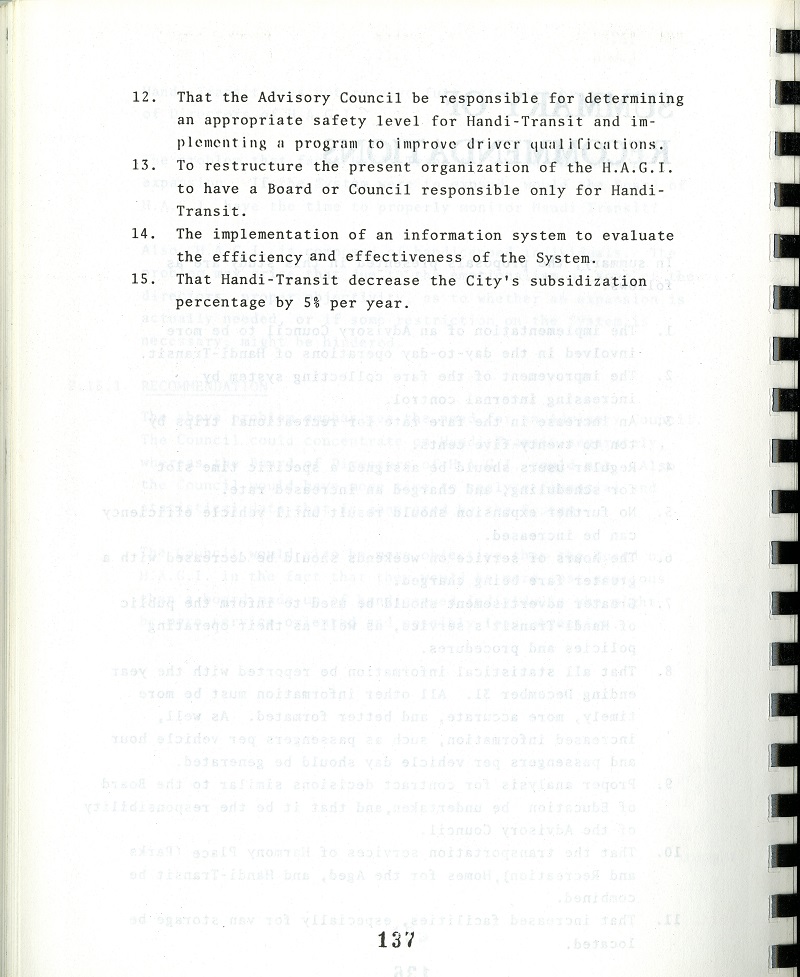 Handi-Transit Operational Study, Page Seven typed results of the Handi-Transit study released by the city of Thunder Bay in 1977