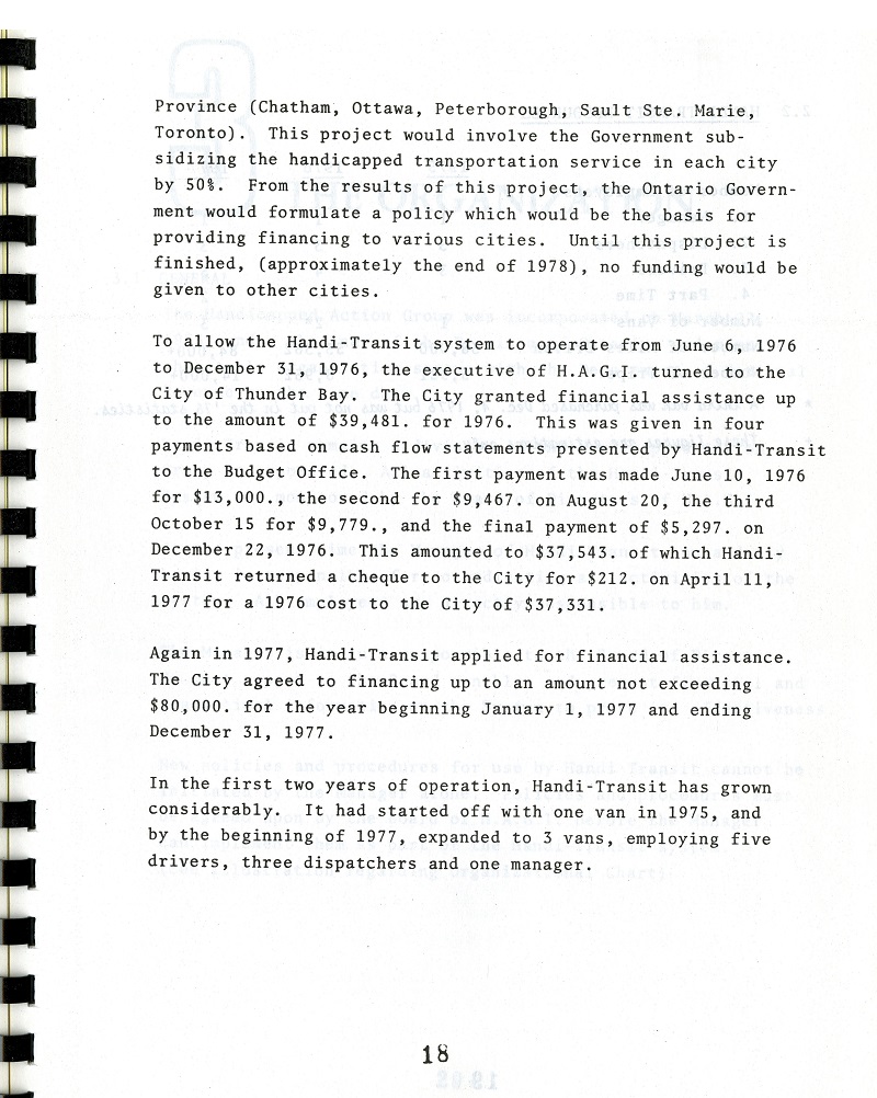 Handi-Transit Operational Study, Page Three typed results of the Handi-Transit study released by the city of Thunder Bay in 1977