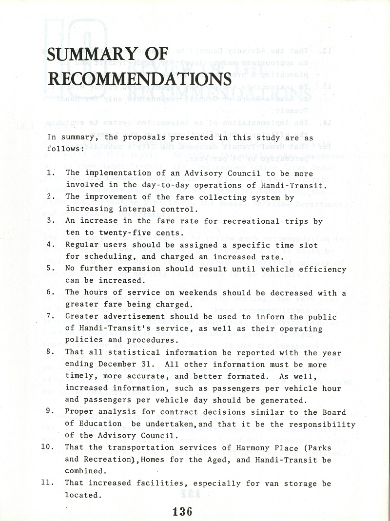Handi-Transit Operational Study, Page Six typed results of the Handi-Transit study released by the city of Thunder Bay in 1977