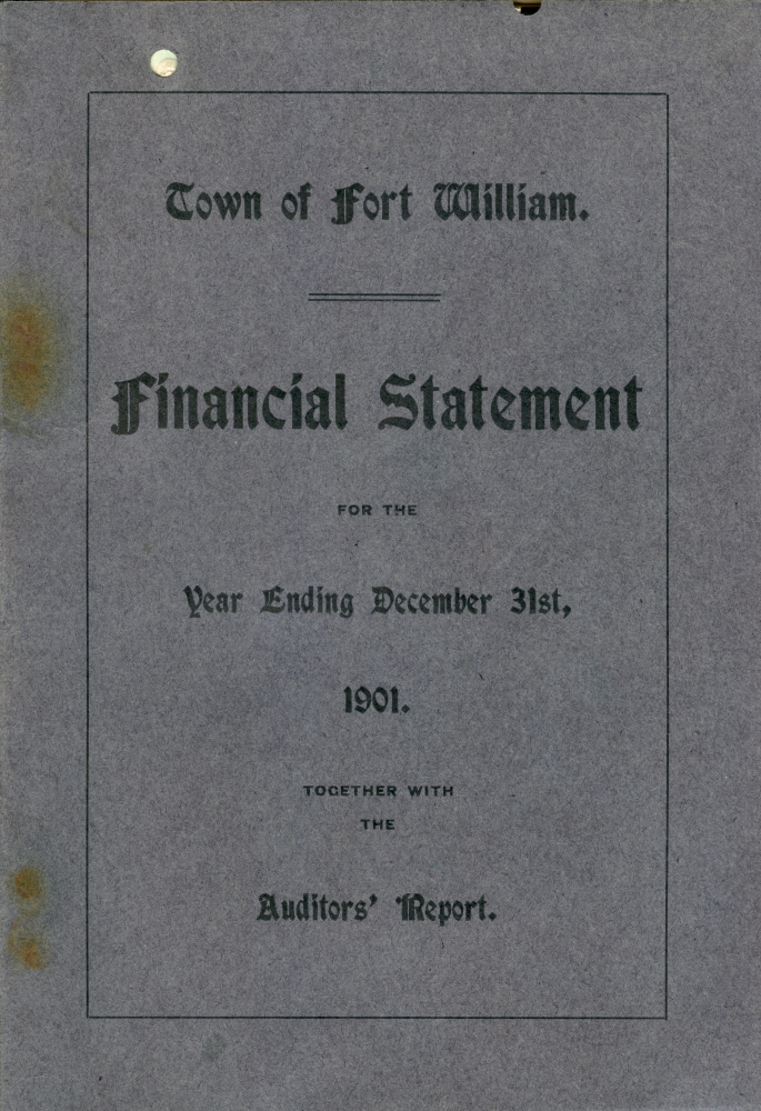 Fort William Financial Statement, 1901 A blue paper with black writing detailing the finances for Fort William