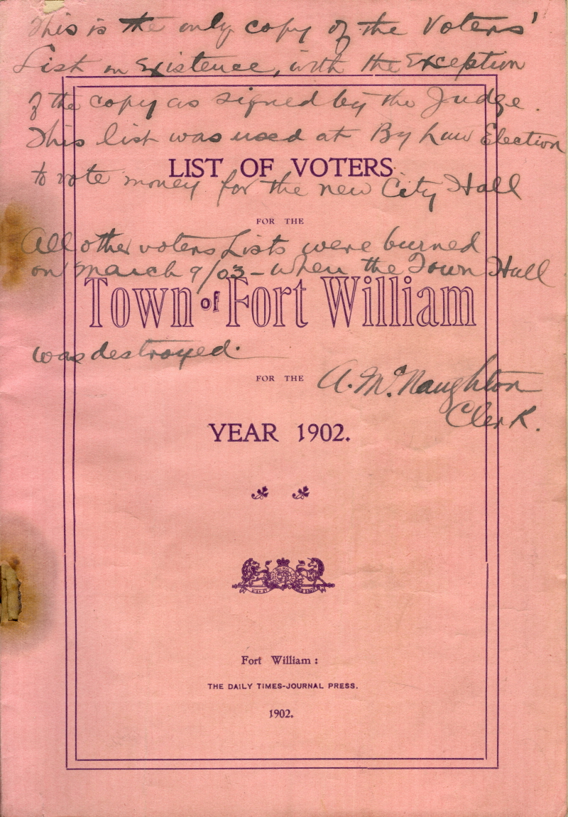Fort William List of Voters, 1902 A pink sheet with black typed writing on it detailing voters lists