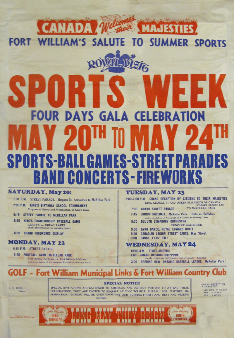 Sports Week Advertisment for Royal Visit, 1939 A poster with red, black and blue writing detailing a sports week
