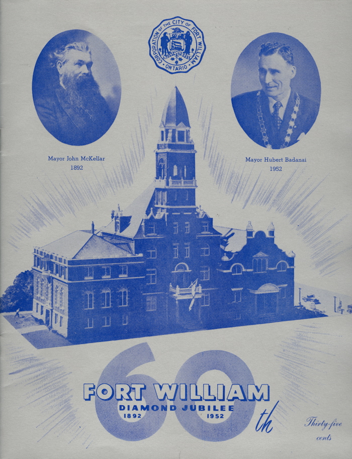 Official Program of Fort William Diamond Jubilee A blue paper with blue text and photos showing portraits of two men and a building