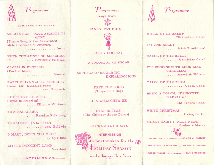 Inside Pages of the Program of the Fort William Male Choir, 1965 A white booklet with pink writing detailing songs being sung by the male choir