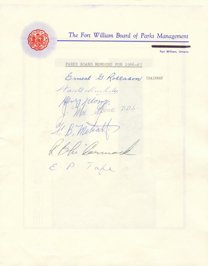 Committee Members for Civic Recreation Committee, 1966-67 A document with the Fort William crest and headings with hand written names below
