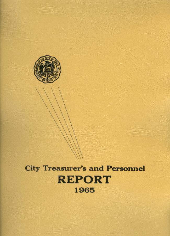 City Treasurer's and Personnel Report, 1965 A brown document with black writing on it that reads "City Treasurer's and Personnel Report 1965"