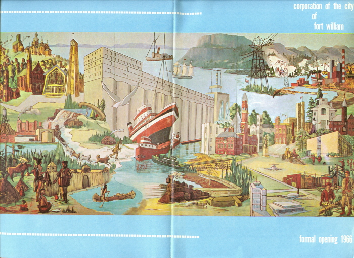 Souvenir Booklet, 1966 A blue pamphlet with a depiction of various landmarks from around Thunder Bay