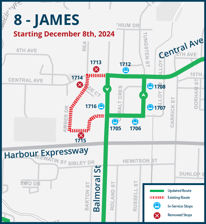 A map showing the removed stops from the updated 8 - james route