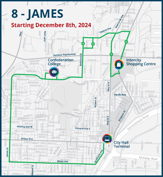 A map showing the updated 8 - james route