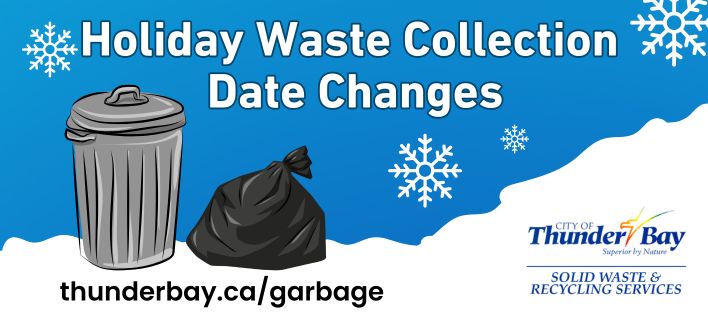 Snowbank with garbage can and garbage bag - test: Holiday Waste Collection Changes, thunderbay.ca